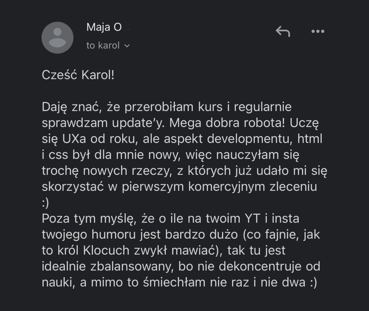 Cytat "Mega dobra robota! Uczę się od roku, ale aspekt developmentu był dla mnie nowy, więc nauczyłam się trochę nowych rzeczy..."